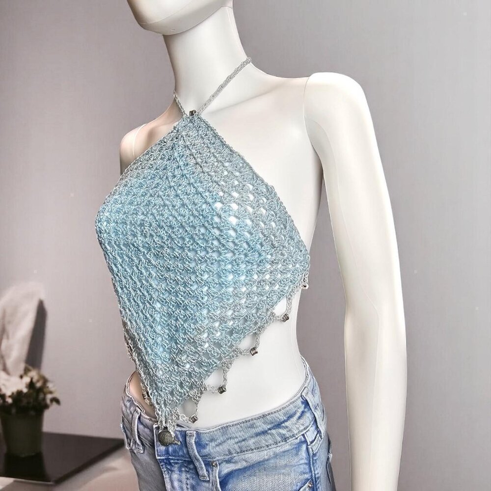 🌊 Sky Blue Crochet Halter Top –‎ Lightweight & Lined